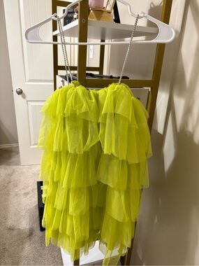 Neon Lime Tiered Tulle Formal Dress with Crystal-Strap Detail